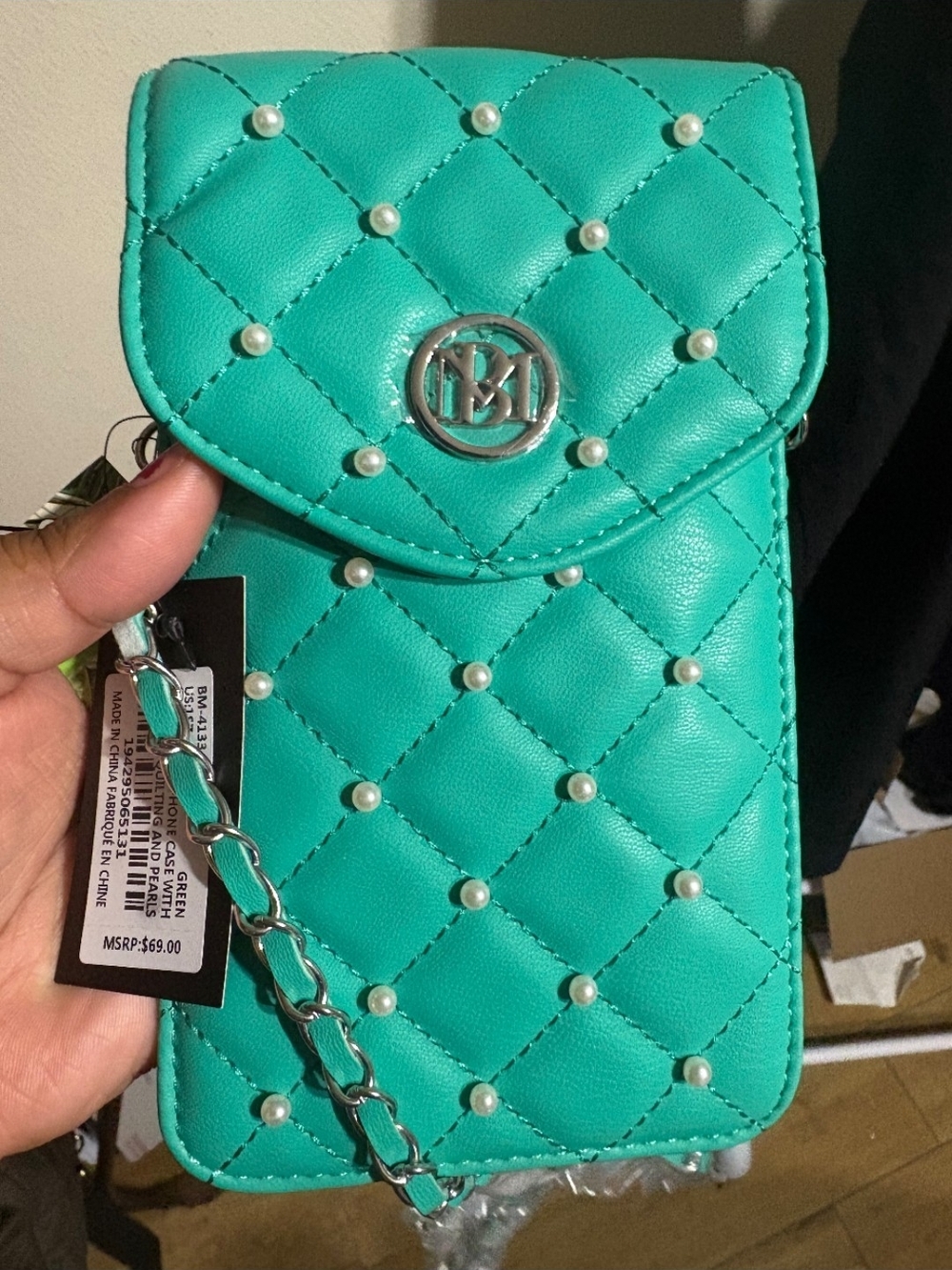 Badgley Mischka Quilted Pearl-Accent Crossbody in Teal